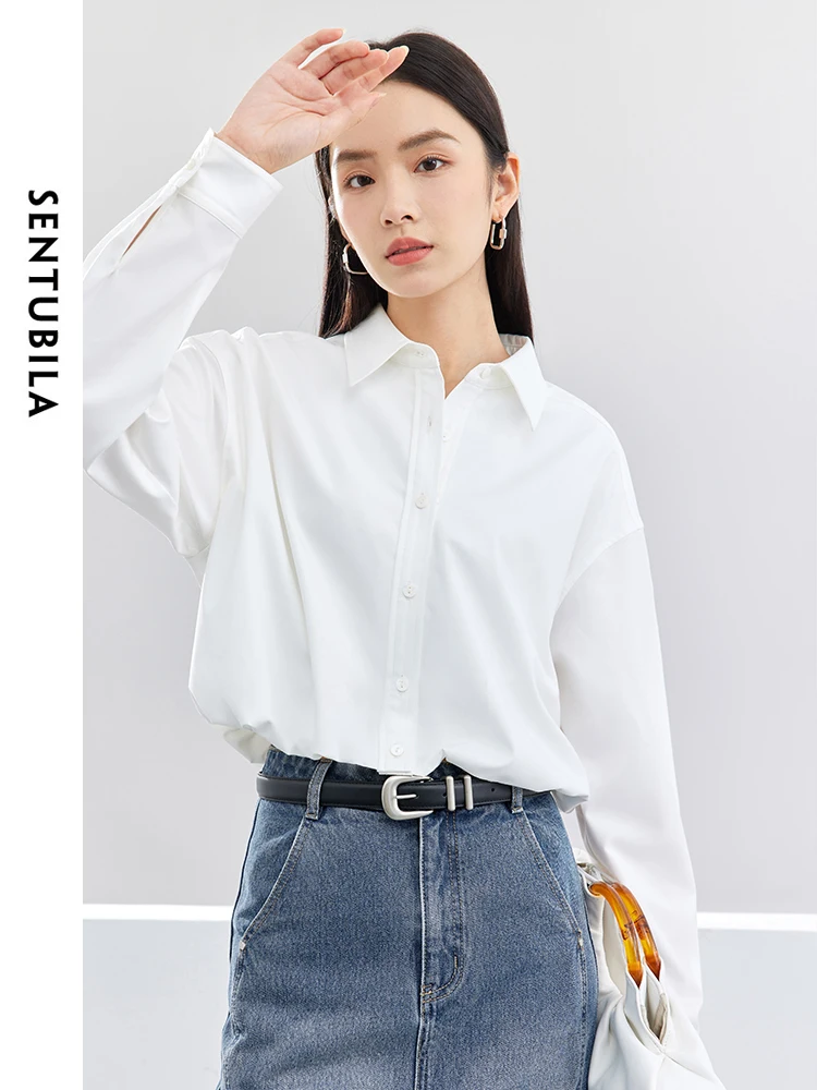 SENTUBILA Cropped White Shirt & Blouse Solid Polo Collar Button Up Long Sleeve Blouses 2024 Spring Summer Simple Tops 141C52395