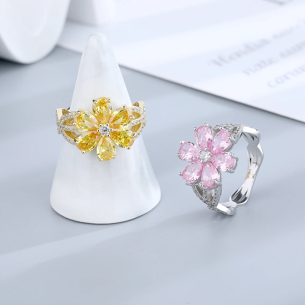 Pink Yellow Flower Sparkling Zircon Engagement Wedding Ring 18K Gold Plated White Gold Plated Jewelry