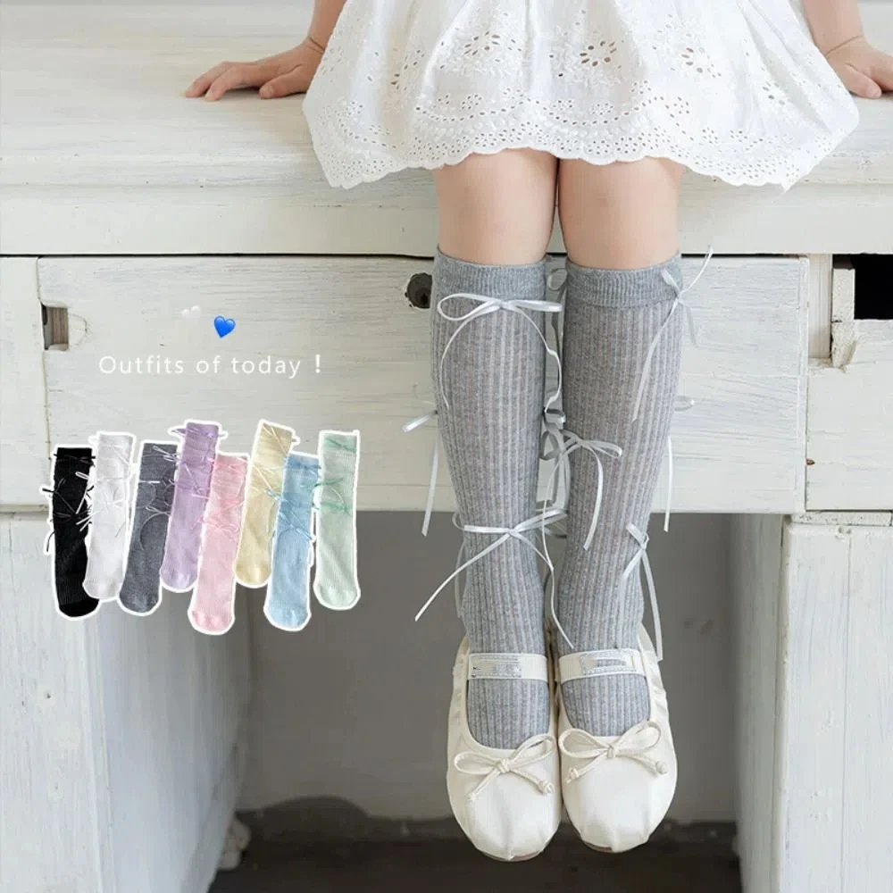 

Solid Color Balletcore Socks Ribbon Bow Autumn&Winter Mid-Tube Hosiery Cloth Accessories Korean Style Thin Stockings Women