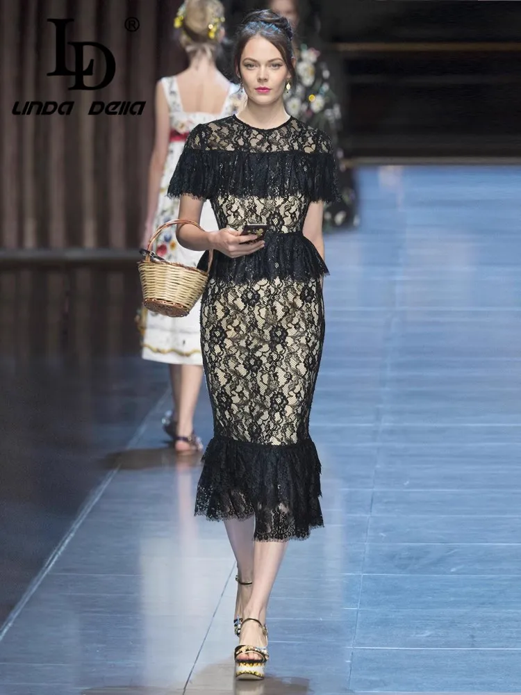 

LD LINDA DELLA Hollow Out Breathable Lace Ruffle Edge Wrapped Fishtail Skirt Princess Style Dress 2025 Summer New Style