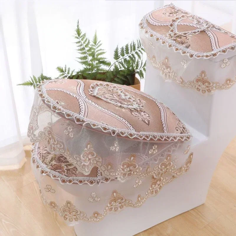 Summer Lace Embroidered Toilet Three Piece Set European Wavy Edge Zipper Closestool Mat U-shaped Non-slip Toilet Dust Cover