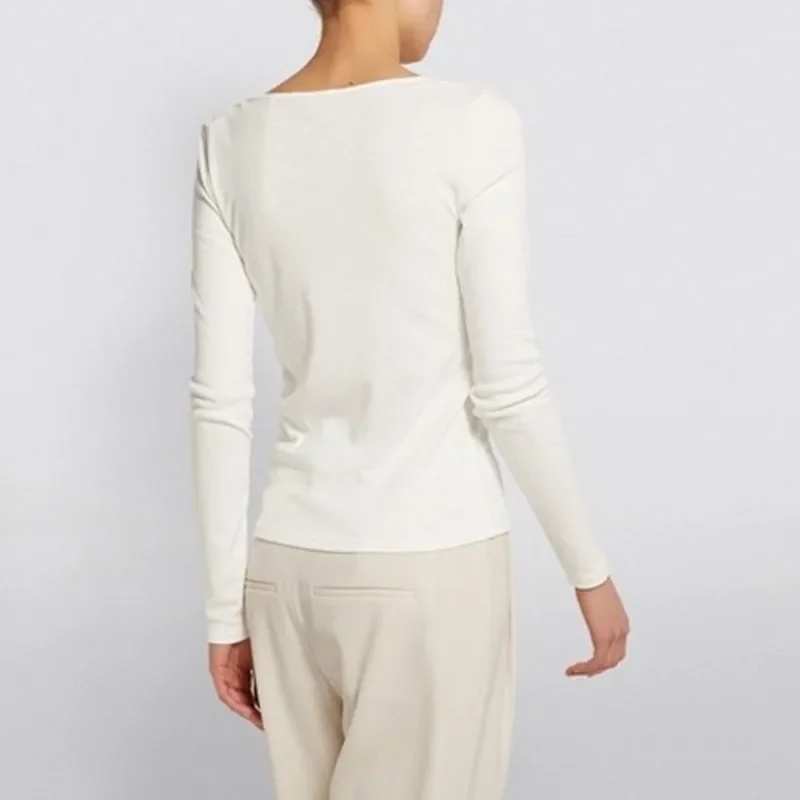 MRMT 2025 ยี่ห้อใหม่ผู้หญิง Pima Cotton สแควร์คอยาวแขนยาวเสื้อยืด SLIM FIT สีทึบเสื้อแขนยาวสแควร์คอ