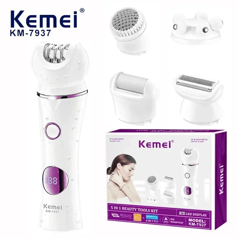 kemei KM-7937 Multi functional Five in One Portable Electric Hair Removal Device, Rechargeable Women's Body Shaver