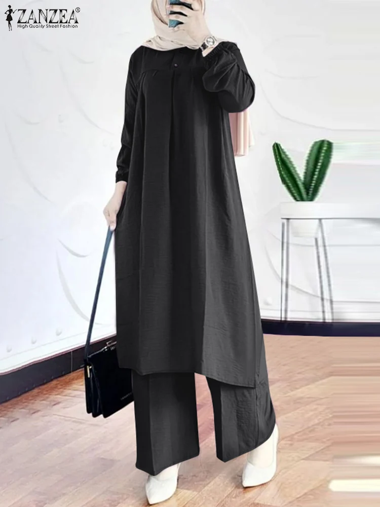 Muslim Women Autumn Matching Sets Solid Loose Tracksuits 2024 ZANZEA Elegant Long Sleeve Blouse Pant Sets Turkey Abaya Kaftan