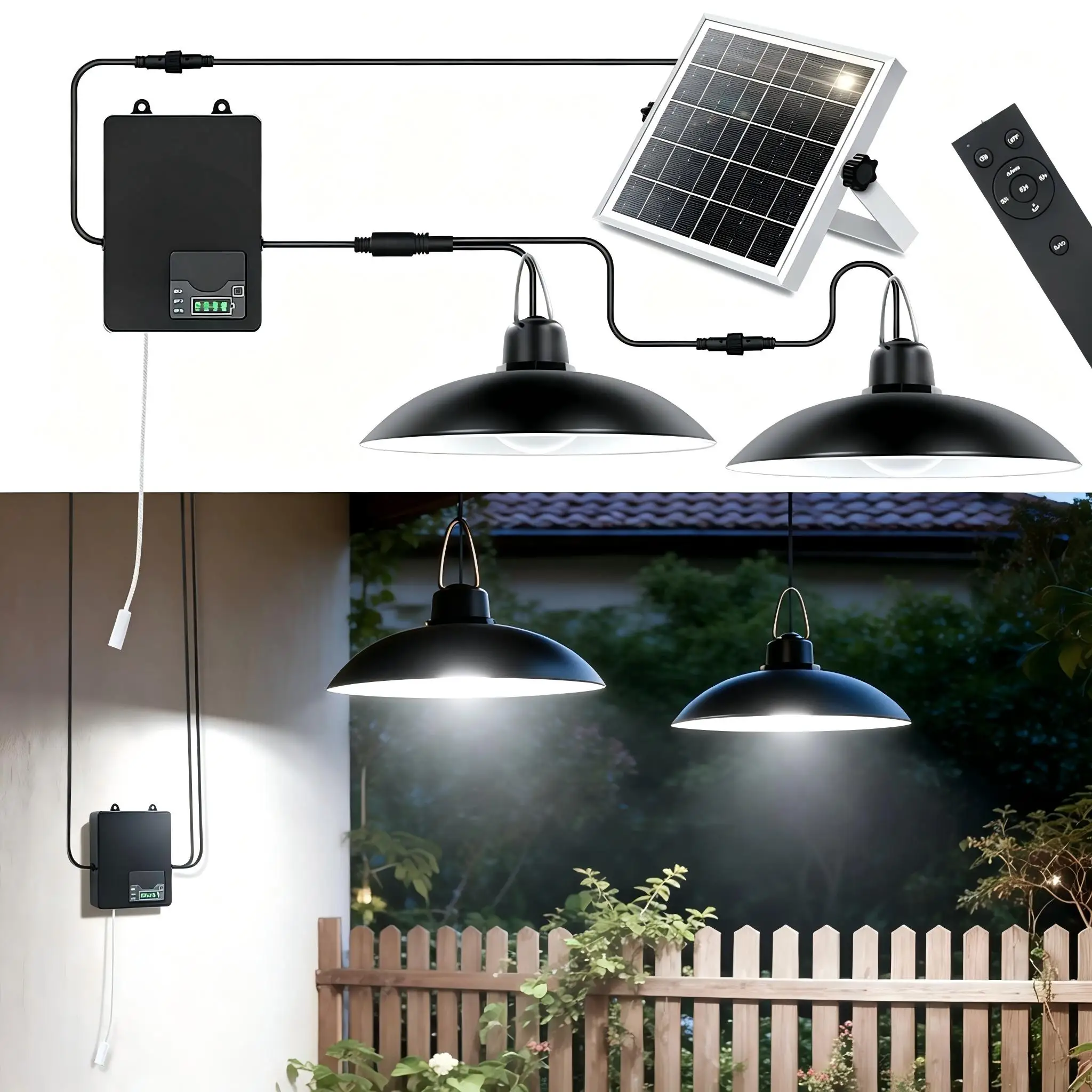 1/2 Head Solar Pendant Light Waterproof Outdoor Lamp Remote Control Timer Garden Porch Indoor Home Lighting 5 Brightness Levels