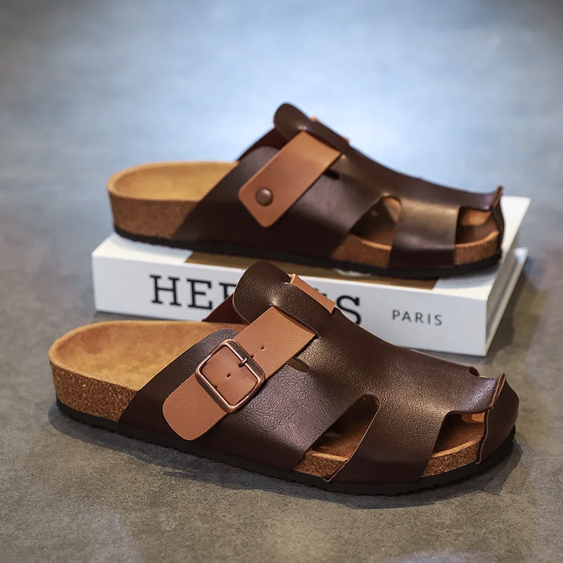 

Retro Brown Cork Slippers Men Buckle Slip-on Men's Summer Sandals Breathable Hollow Out Half Shoes For Man chanclas de hombre