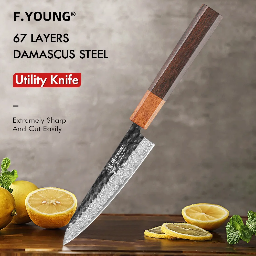 

F.YOUNG 5" Utility Knife Japanese Damascus Steel Hand Forged Kitchen Chef Knives Handmade Vegetable Fruit Paring Kitchen tools