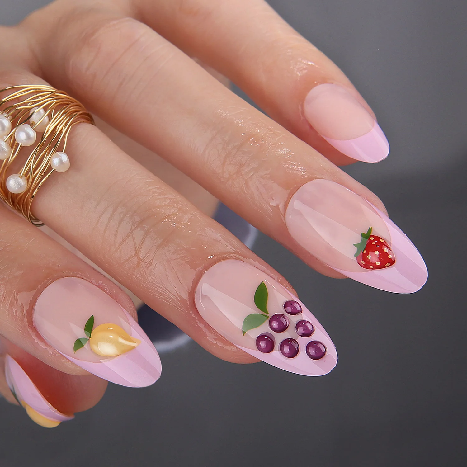

Almond Pink French 3D Fruit nails Grapes, strawberries Fake nails Glossy Medium cherries Stiletto False nails Gel Press nails