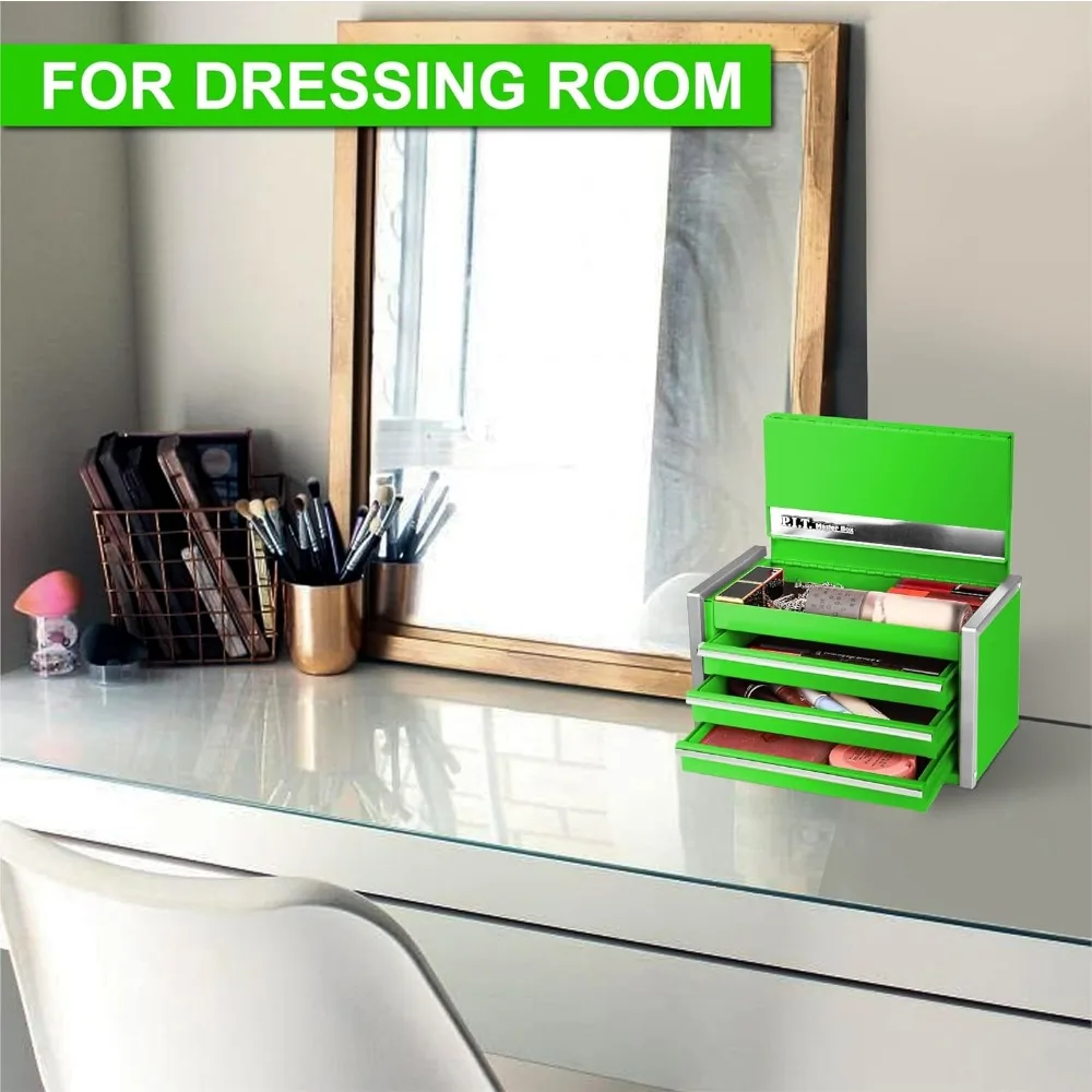 Mini Green Tool Box, Portable 3 Drawer Steel Stackable Tool Box with Magnetic Tab Locking, Green Micro Top Chest with Liner