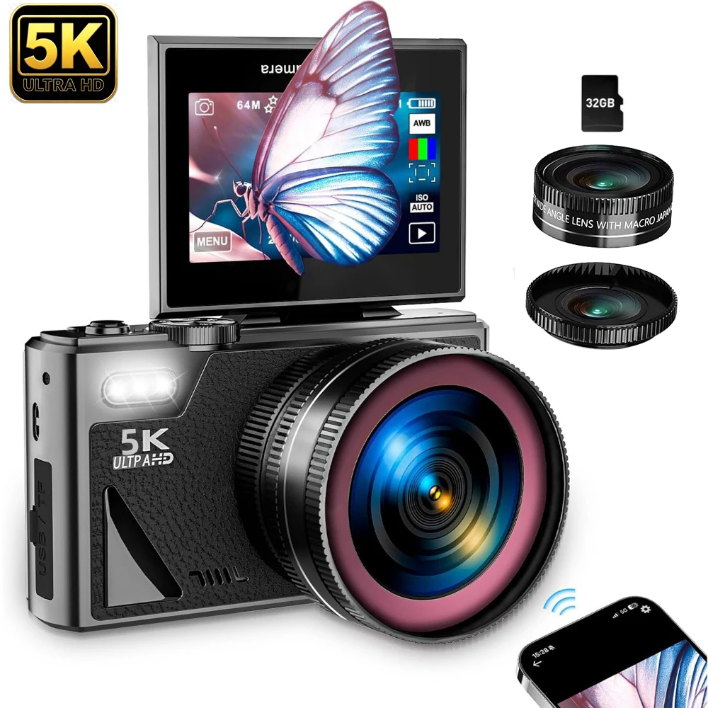 Life Camera Photographer Flip Screen Attachable Wide-Angle Macro Lens Travel Photography & Video Student 5K Wi-Fi Digital Camera