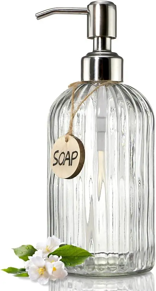 

18 Oz Clear Glass Soap Dispenser with Rust Proof Stainless Steel Pump, Refillable for Bathroom Kitchen