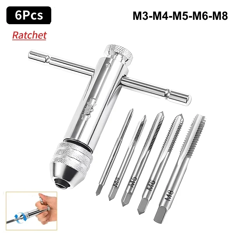 Adjustable M3-M8 T-Handle Ratchet Tap Wrench Machine Screw Thread Metric Plug Machinist Forward Reverse Thread Tapping Tool 5pcs
