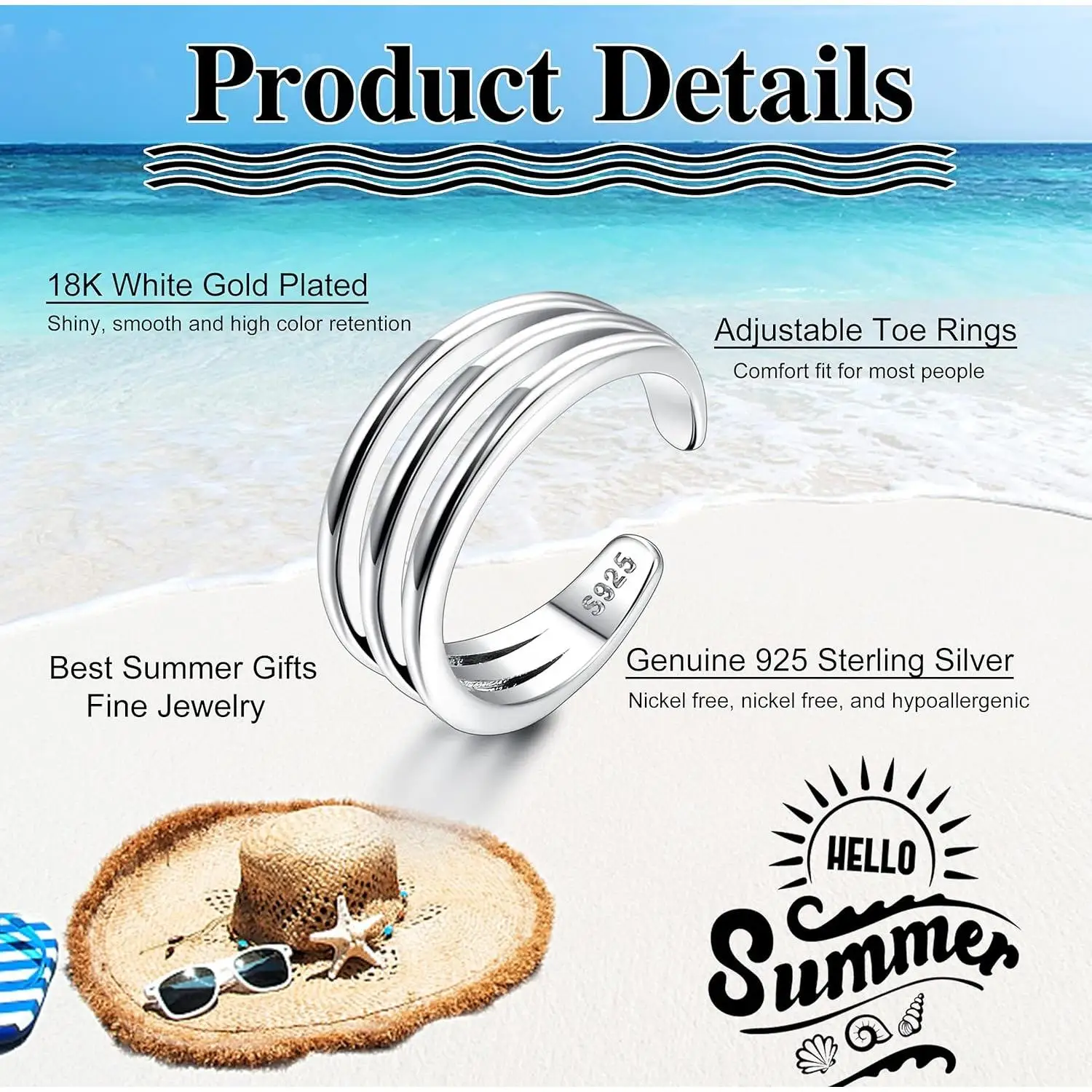 Women's 925 Sterling Silver Vintage Adjustable Toe Ring
