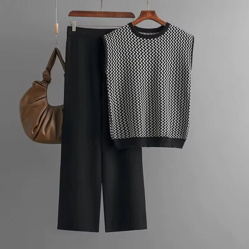 

American European New Fashion Women's Striped Casual Trendy Loose Knitted 2 Piece Sets Sleeveless T-shirts Wide Leg Trousers