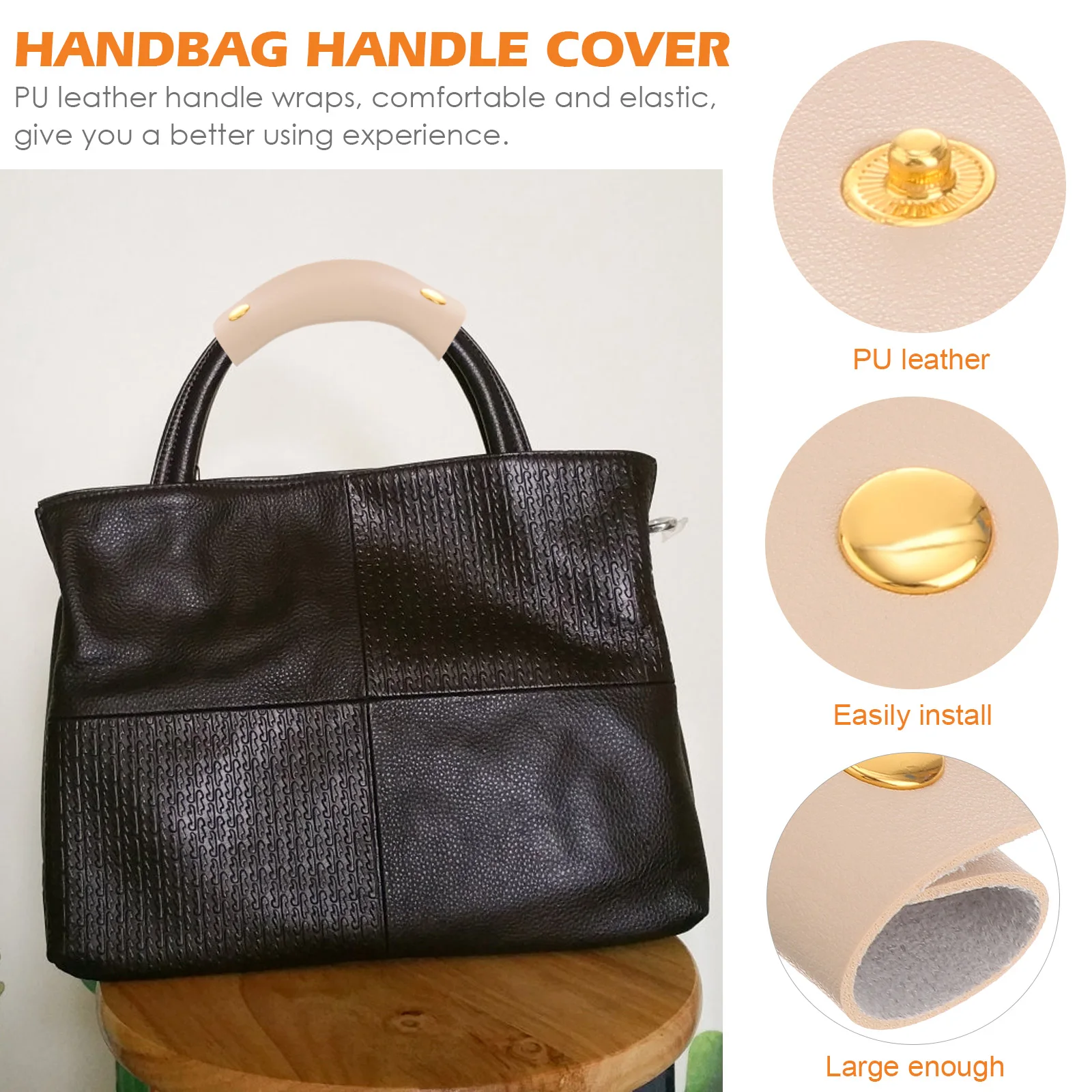 

Handbag Handle Wrap Beige PU Protective Cover Thick Handles Elastic Comfortable Install Remove Suitable Most Styles Bag