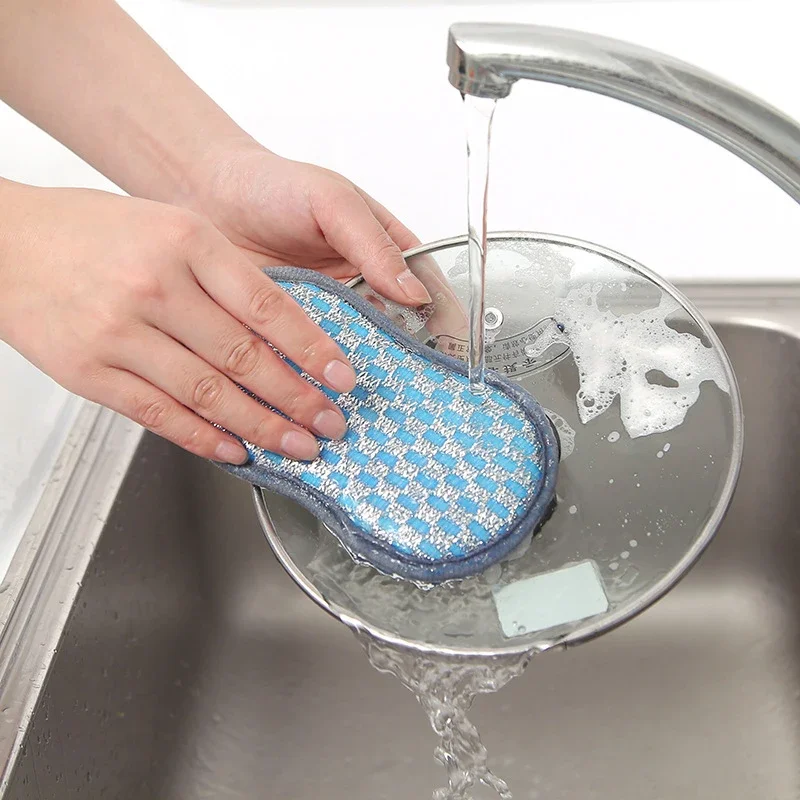 Double Sided Scouring Pad Reusable Microfiber Dish Cleaning Sponges Cloths No Scraping Efficient Decontamination Kitchen Tool