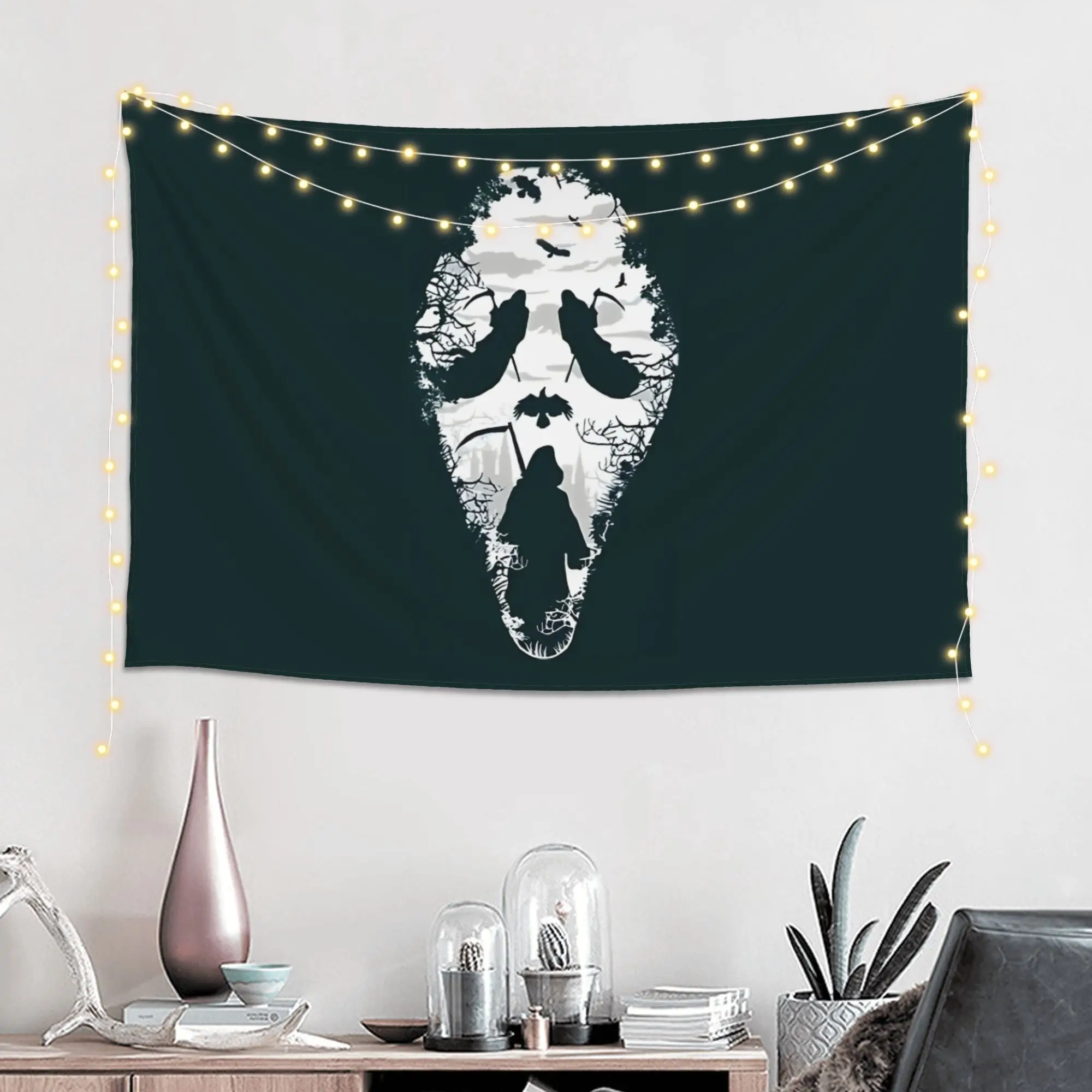 Tapiz Scream Ghostface, película de terror, diseño de máscara icónica, fondo oscuro, colgante de pared para dormitorio, decoración de fiesta, abanico de terror