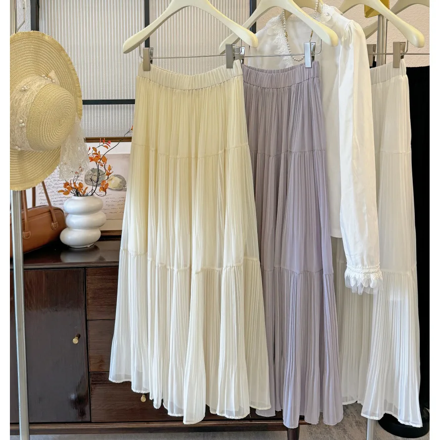 

French retro elegant romantic super fairy pleated high waist skirt long umbrella skirt slim fit big swing chiffon skirt