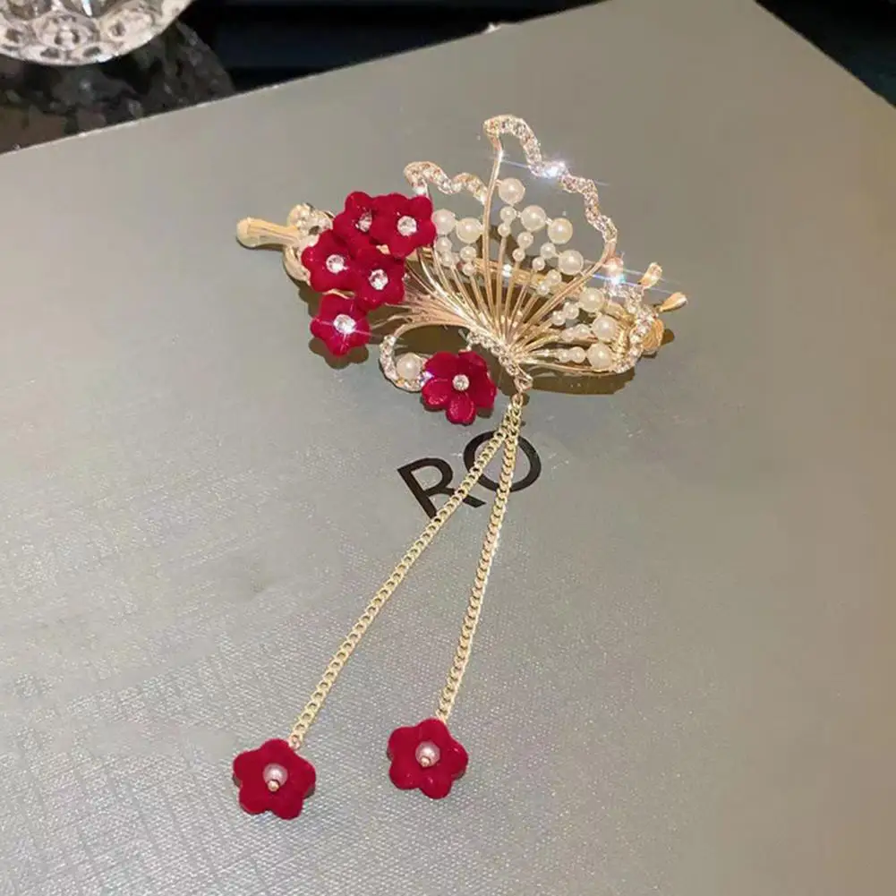 

Flower Hair Barrette Luxurious Women's Hair Clip Shiny Rhinestone Faux Pearl Barrette with Heart Shape Flower Long Tassel Hollow