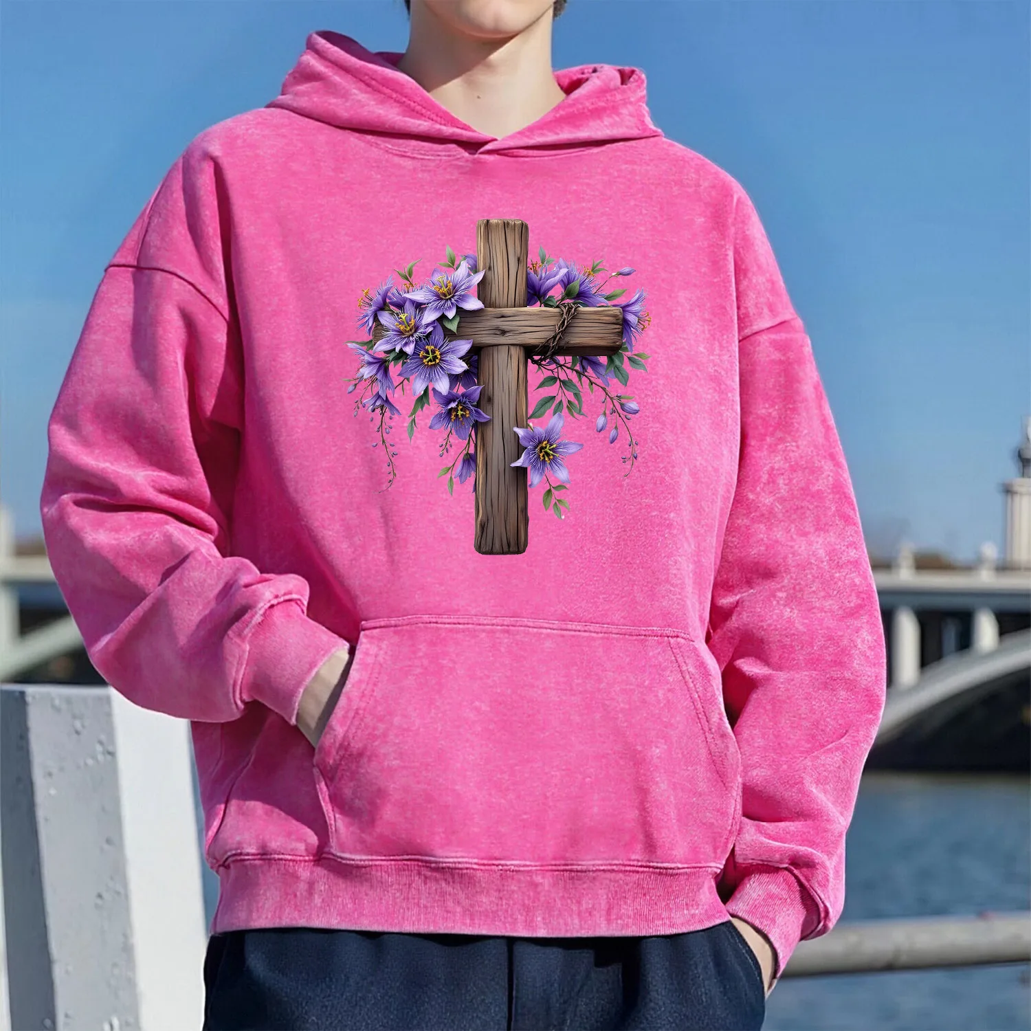 سويت شيرت بقلنسوة بنمط كروس ريترو مغسول للجنسين كاجوال بنمط رياضي مصنوع من القطن الخالص طراز الشارع 400 جرام #1