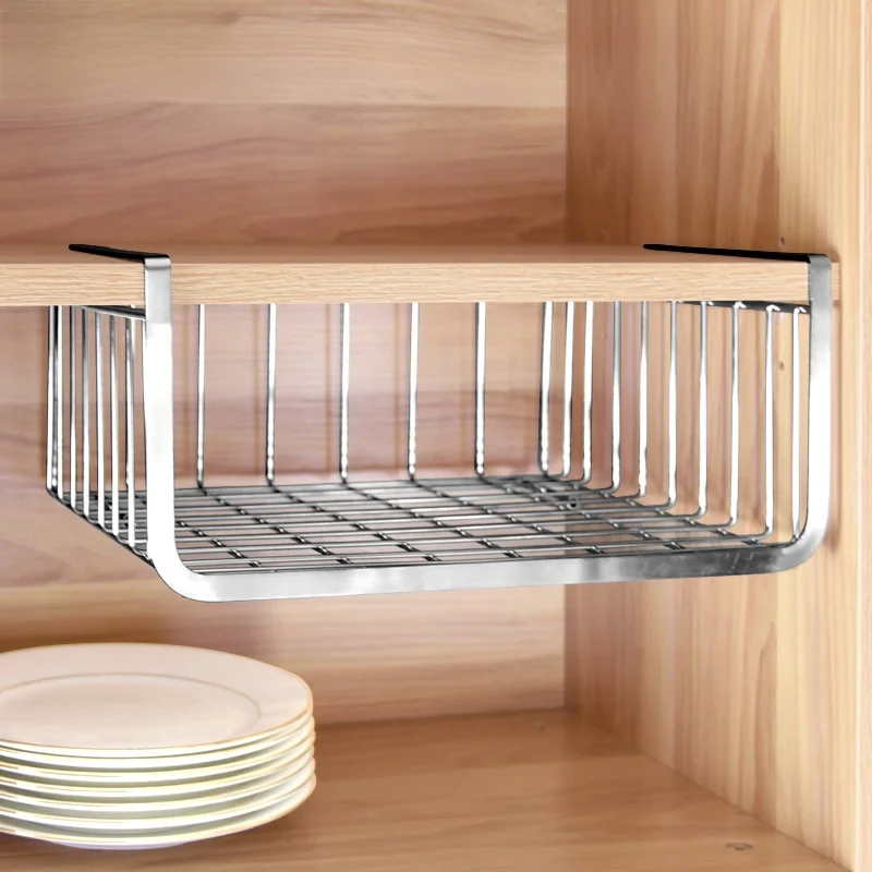 Stainless Steel Kitchen Under-Shelf Basket Rack No Drilling Cabinet Storage Hanging Holder Shelf Partition for Cupboard Wardrobe