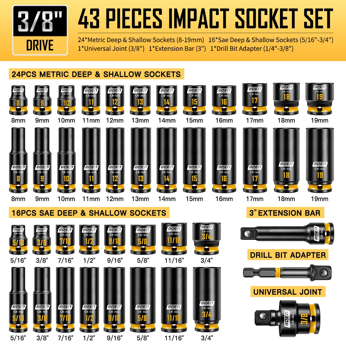 BOEN Pro 3/8" Drive Impact Socket Set, 43-Piece SAE(5/16"-3/4") & Metric(8-19mm) set
