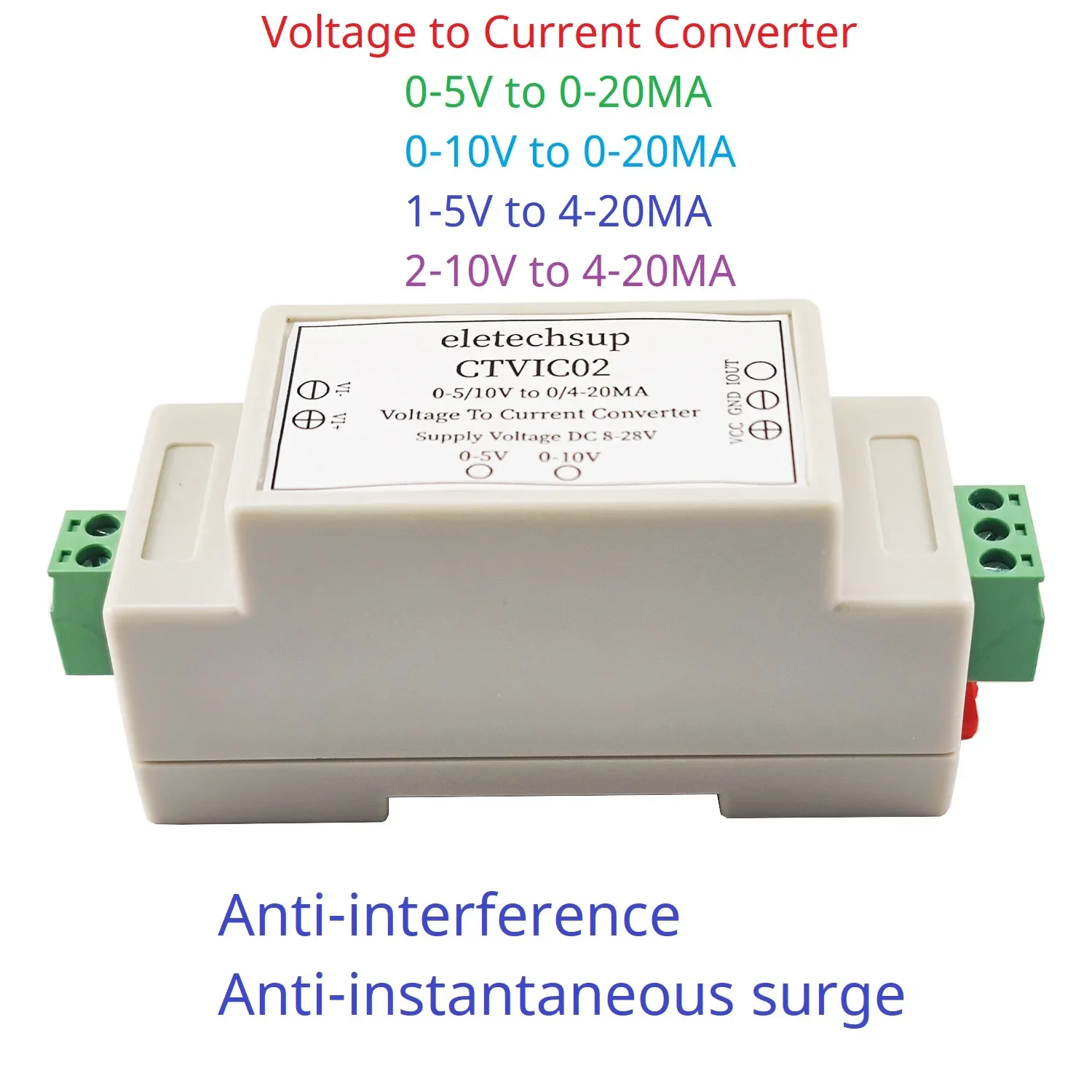 CTVIC02 0-5V/10V to 4-20mA Converter DIN Rail Module Industrial Analog Signal Isolation w/ Surge Protection PLC DLC HMI RS485 IO