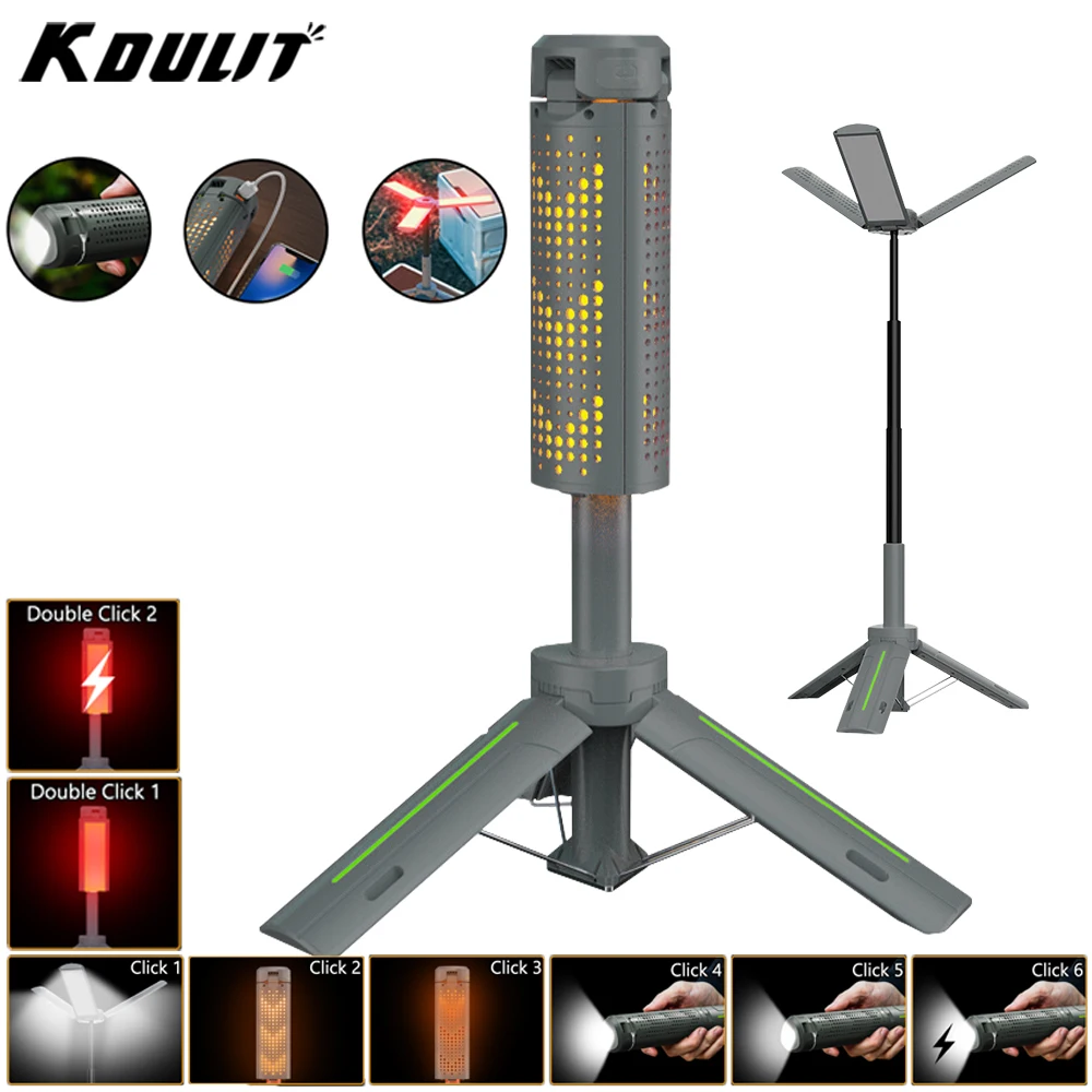 KDULIT Telescopic Camping Light USB Rechargeable Lamp with 8000mAh Battery Dimmable Emergency Camping Hiking Waterproof Light