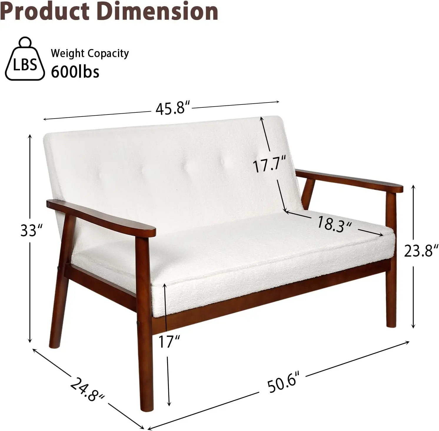 Mid Century Modern 2 Seat Sofa Couch with Wood Arms, Small Love Seat Sofa Couches for Small Spaces, Small Loveseat Couch