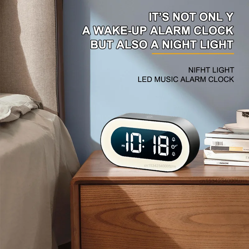 Music LED Digital Alarm Clock Voice Control Night Light Design Desktop Clocks Home Table Decoration Built-in 1200mAh Battery