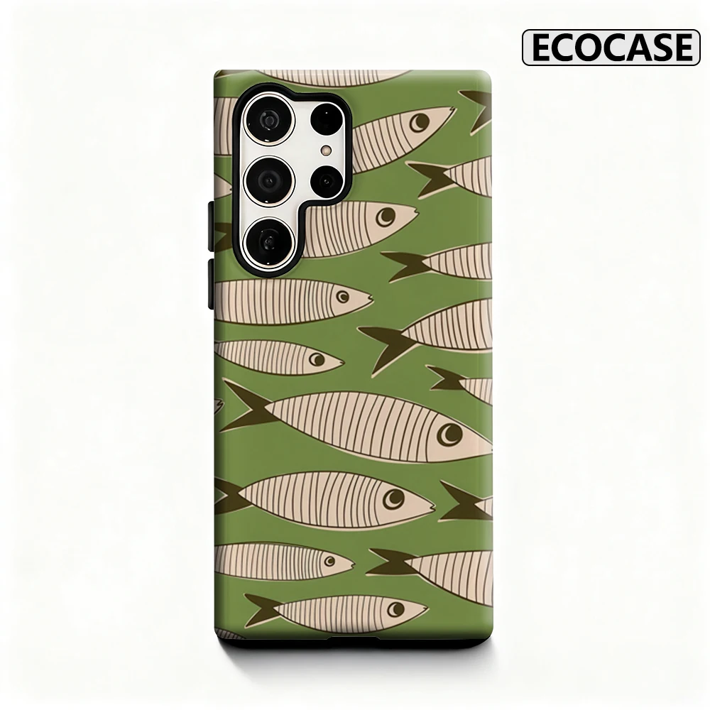 Green Fish Handyhülle für Samsung Galaxy S25 Ultra S24 S23 Ultra Plus, glänzende doppellagige Rückseite