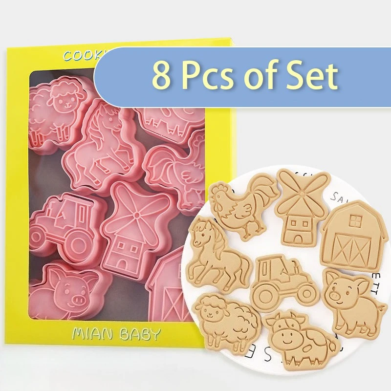 8Pcs Farm Animal Cookie Cutters Set Windmill Cow Pig Horse Chicken Sheep Biscuit Mold Fondant Baking Tools DIY Cake Decorating