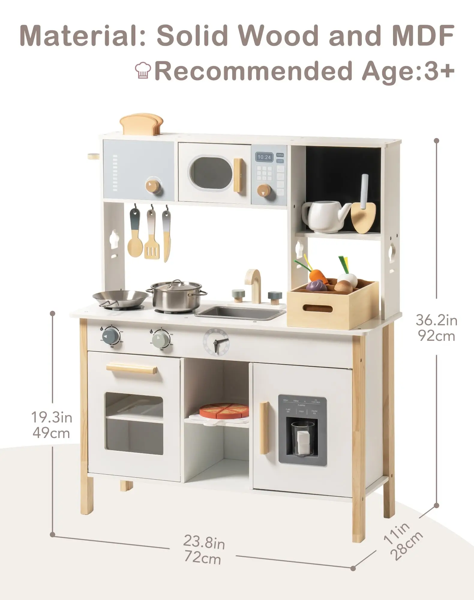 ROBOTIME ครัวไม้สำหรับเด็กเพลย์เซ็ตพร้อมของเล่นตัดเครื่องปิ้งขนมปังอาหารและชุดทำสวนเด็กวัยหัดเดินของขวัญสำหรับเด็กอายุ 3 ปีขึ้นไป