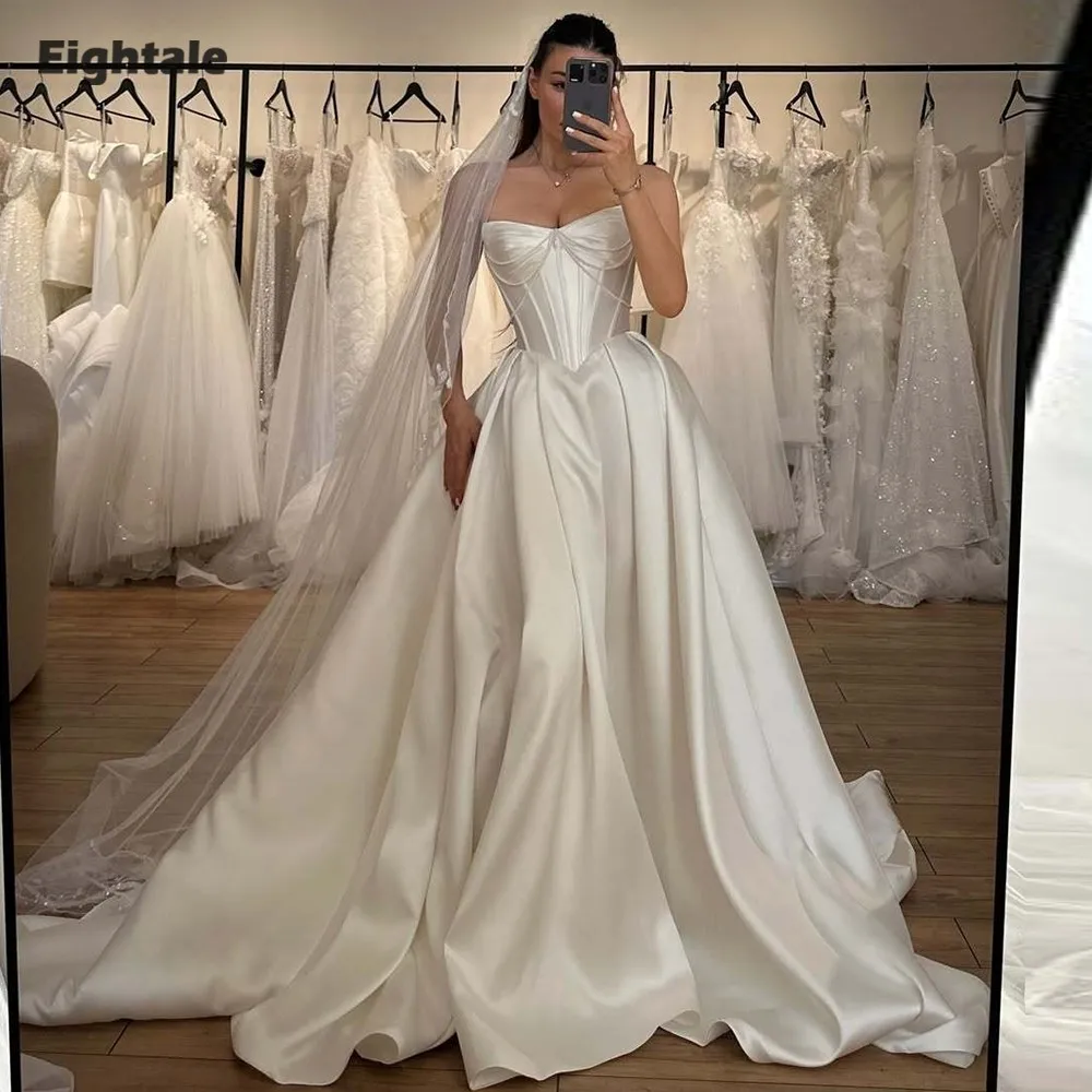 Eightale คําชุดแต่งงานที่กําหนดเอง Sweetheart ลูกปัดงาช้างซาติน High Side Slit A-Line ชุดเจ้าสาว Vestidos De Novia