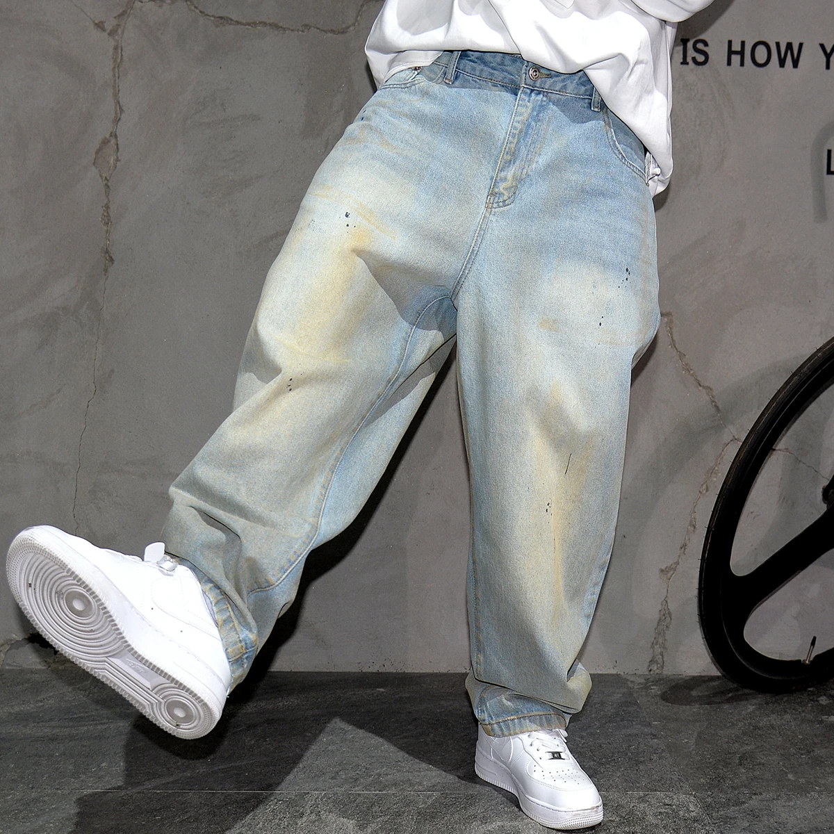 Japanese Streetwear Light Blue Cargo Jeans Men'S Clothing Harajuku Paint Point High Quality Denim Pants Korean Baggy Trousers