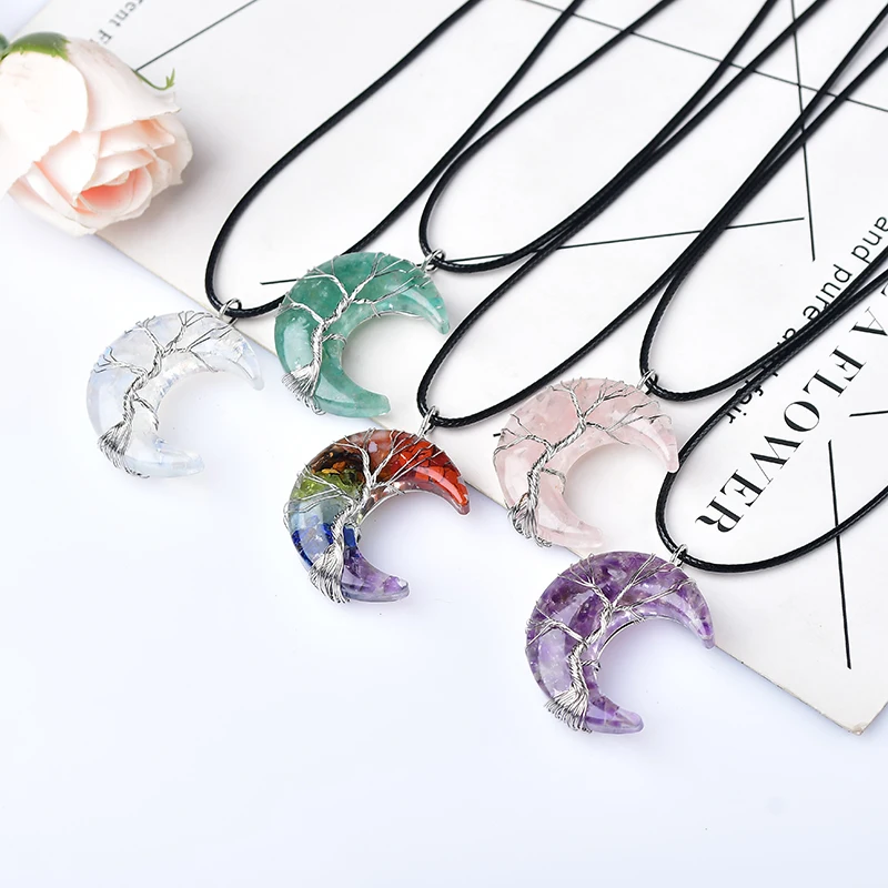 Chakra Healing Crystal Necklace Tree of Life Wire Wrapped Moon Gemstone Pendant Reiki Quartz Stone Necklaces Jewelry for Couples