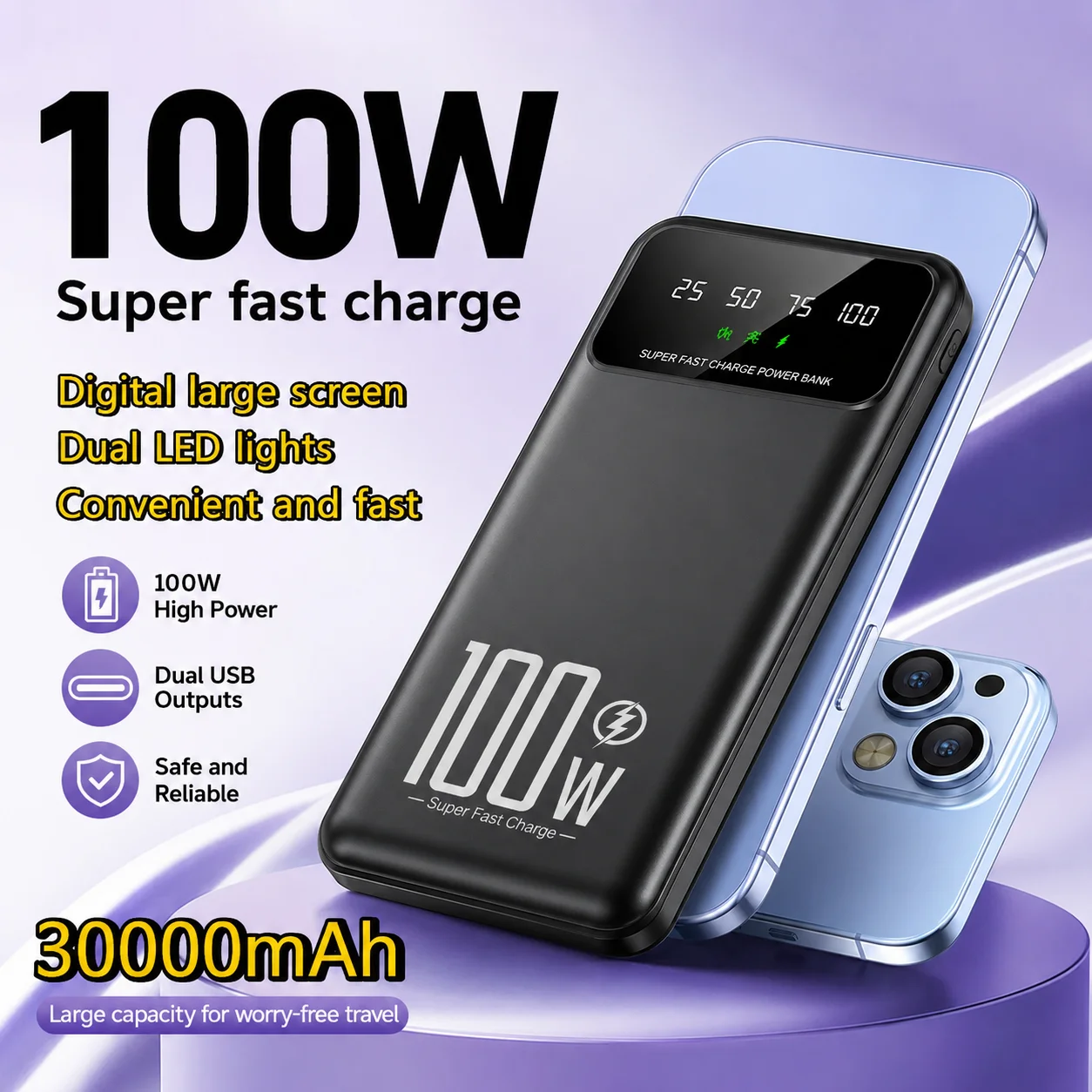 30000mAh Portable Power Bank 100W Ultra-fast Charging Digital Display with LED Light for IPhone Samsung Carregador Portátil