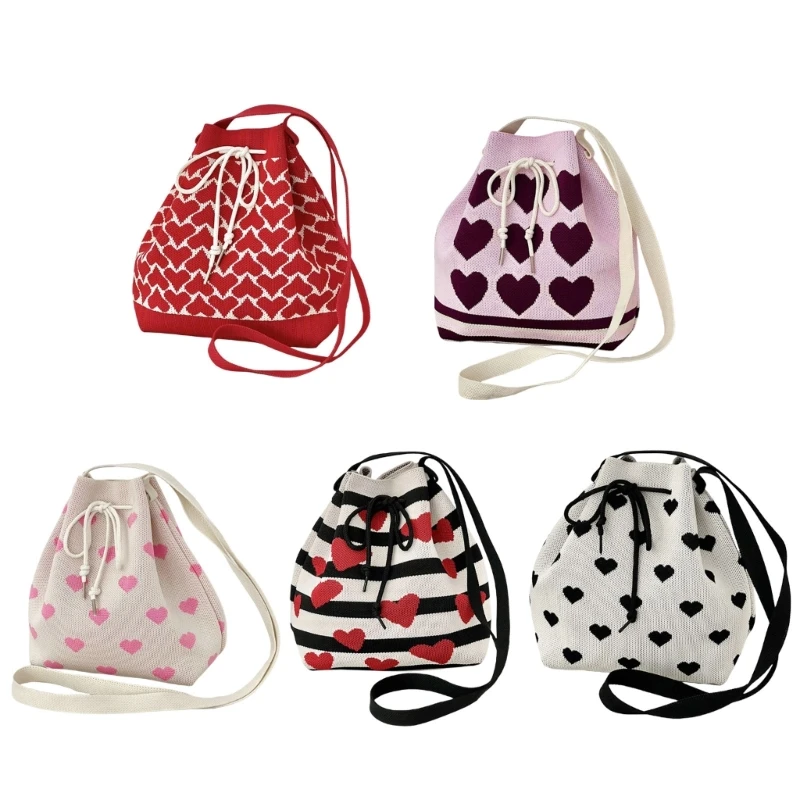 Women Lovely Heart Pattern Knitted Shoulder Bag Drawstring Bucket Bag Large Capacity Crossbody Bag for Shooping Dating  Handbag