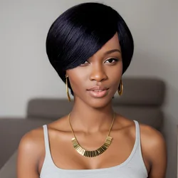 Fashion Short Human Hairs WIgs Full Machine Made of Black Color Remy  Brazilian hair Straight Bob Wigs For Women to Wear on Sale