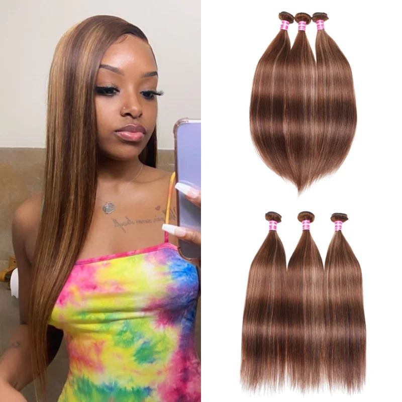 

Julia Honey Blonde Straight Human Hair 3 / 4 Bundles Highlight Ombre Colored Silky Straight Remy Human Hair Weave