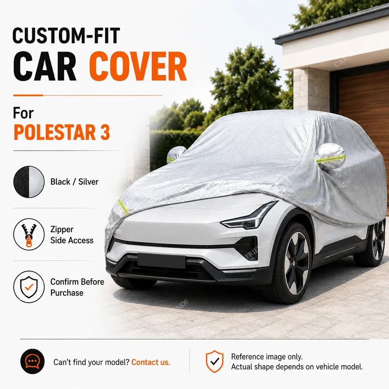 For Polestar 3 Custom Fit Full Car Cover Silver-Coated Oxford Fabric Side Zipper Access Heat Reflective UV Protection
