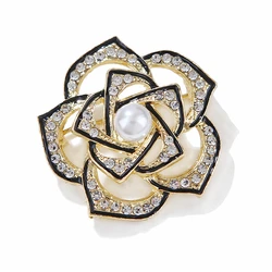 Luxury Crystal 5 Pearls Camellia Brooches for Women Vintage Inlaid Rhinestone Flower Broach Pins Charm Jewelry