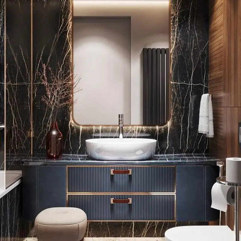 

Villa bathroom hand wash basin pool rock slab solid wood bathroom cabinet combination modern light luxury washstand