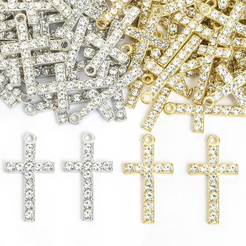 10pcs Glaring Crystal Cross Charm Catholic Belief Jesus Crucifix Alloy Pendant DIY Necklace Earring Keychain Jewelry Accessories