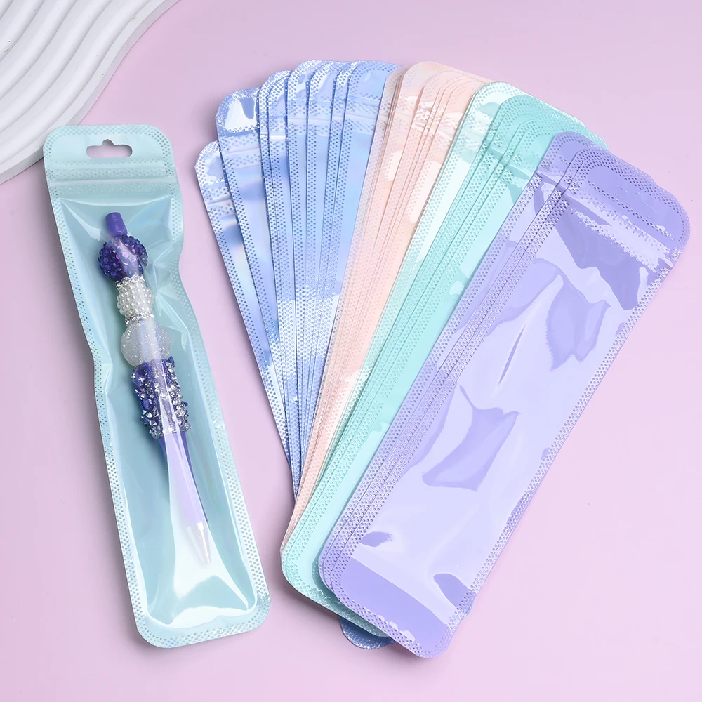50Pcs 5.5×22cm Long Iridescent Laser Plastic Self Sealing Pouches with Hang Hole for Pens Makeup Brushes Small Parts Packaging