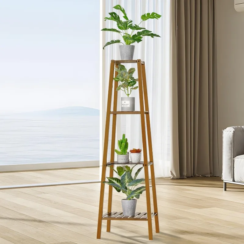 Bamboo Tall Plant Stand 4-Tier Pot Holder Small Space Flower Shelf Rack Display Table for Living Room Balcony and Garden