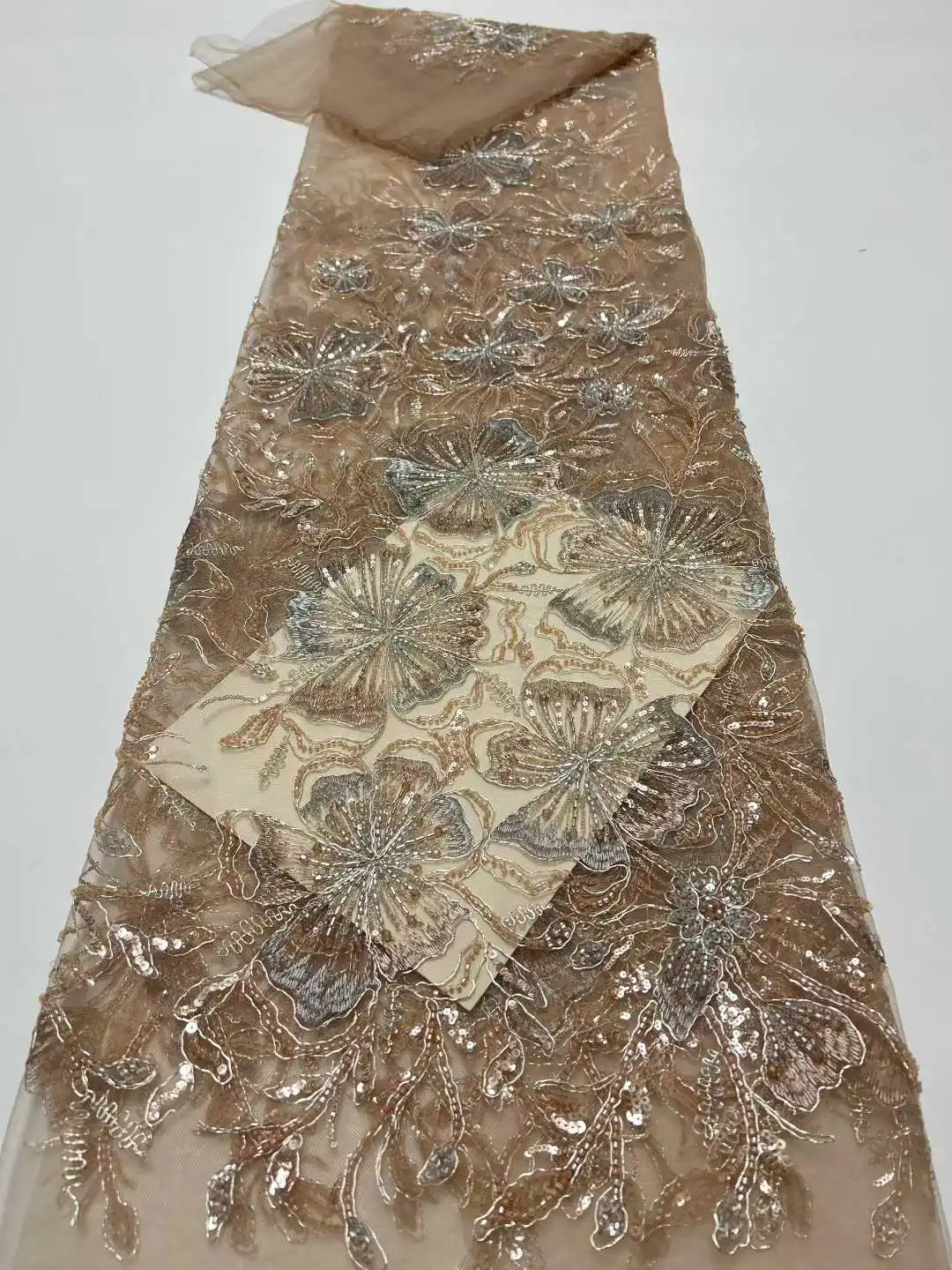 

African Sequins Beaded Lace Fabric 2025 High Quality Lace Nigerian French Tulle Lace Fabrics For Sewing Wedding Party Dress