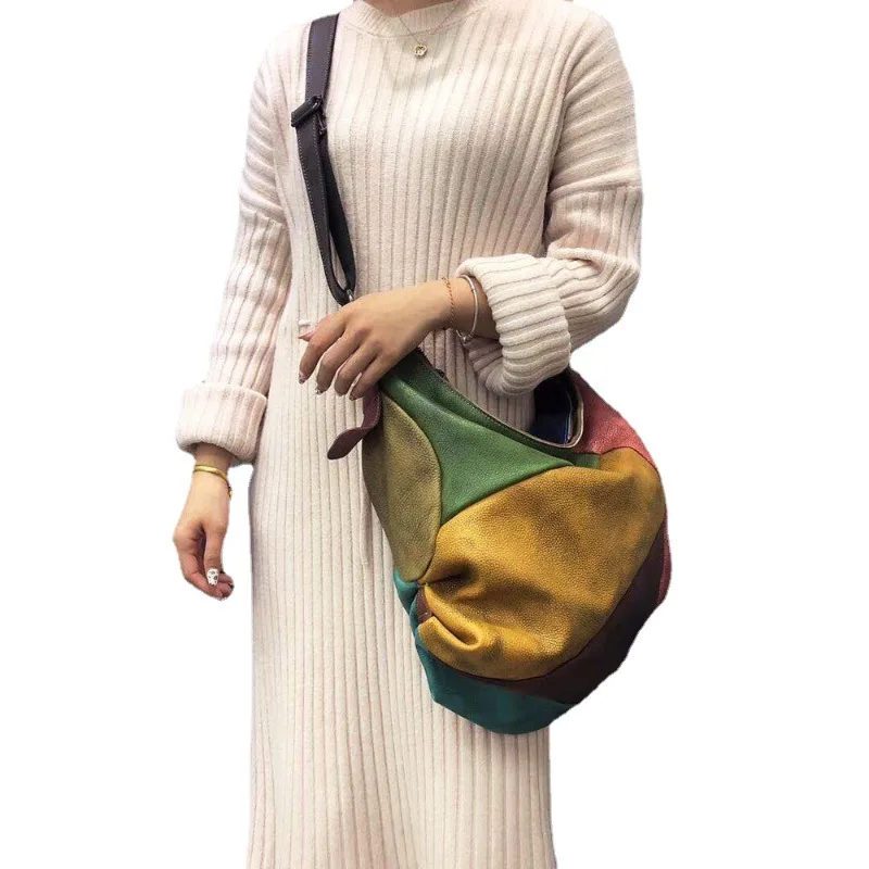 

2025 New Head layer Leather Color Splicing Handmade Bag European and American Retro Personalized Cross Shoulder Bag