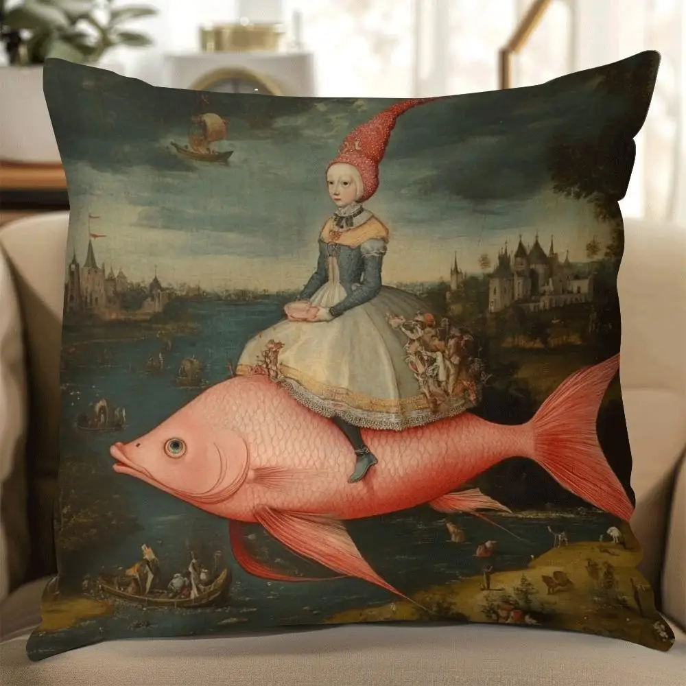 Doppelseitiger Kissenbezug mit Renaissance-Motiv: Mädchen auf Fisch reitend, Surrealistischer Mittelalterlicher Gemälde-Druck, Dekokissen für Zuhause