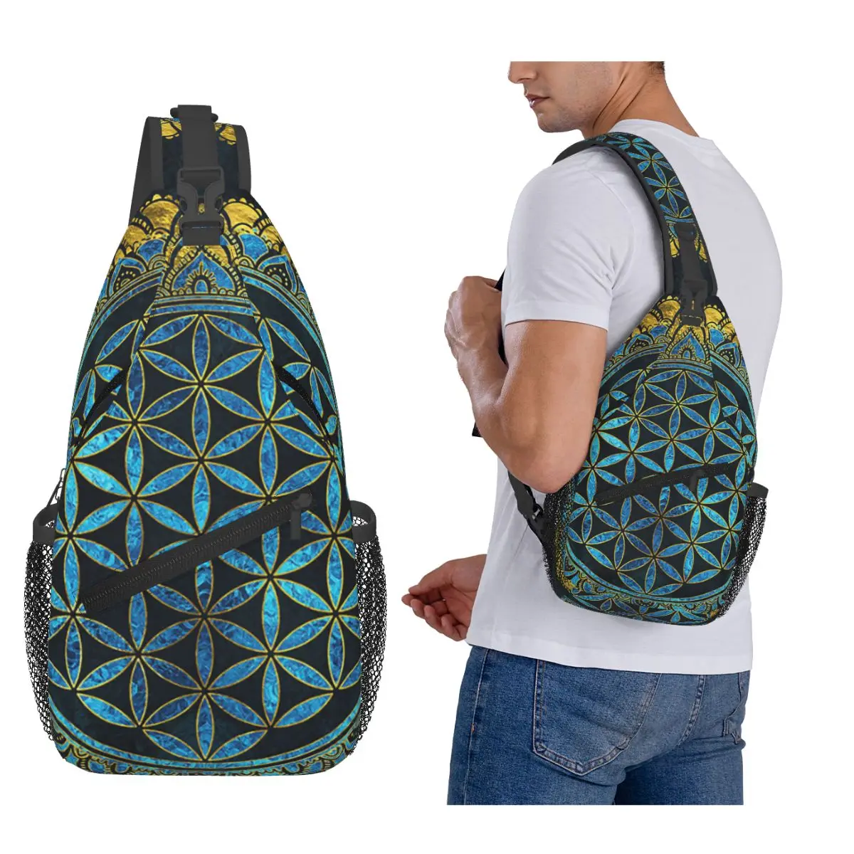 Cool Flower Of Life In Lotus Mandala Chest Bag Men Sling Crossbody Backpack Chest Bag Travel Hiking Daypack Shoulder Bag